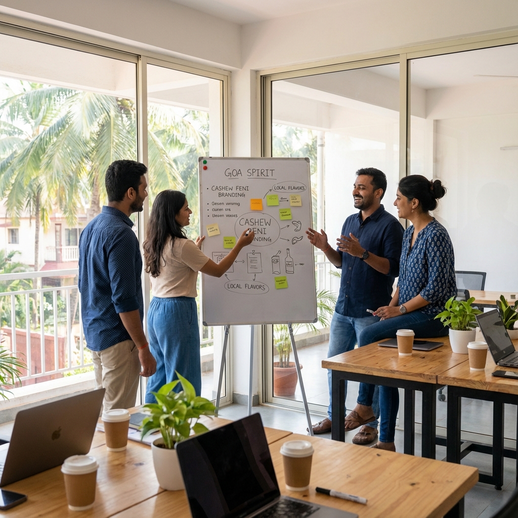 Goan creative marketing team brainstorming in a modern office