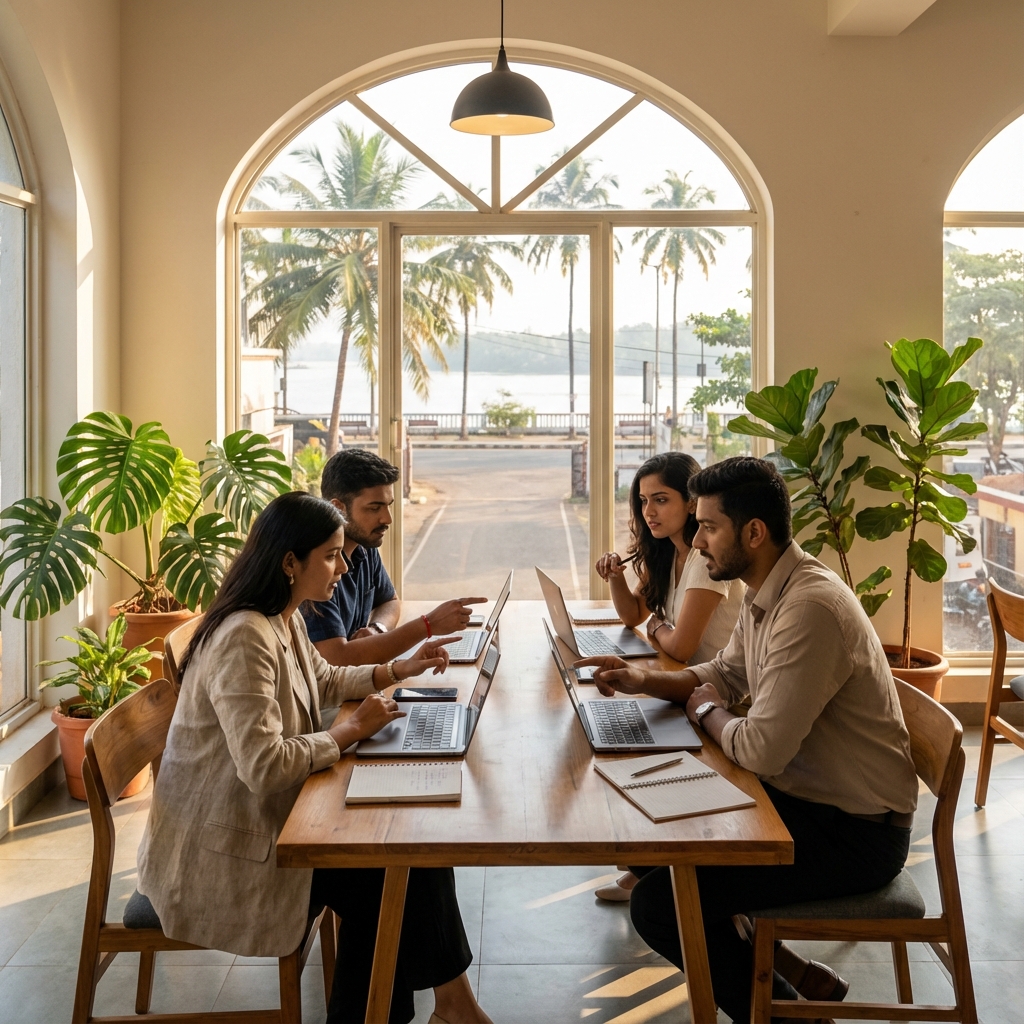 Indian graduate students collaborating in a modern Goa hub